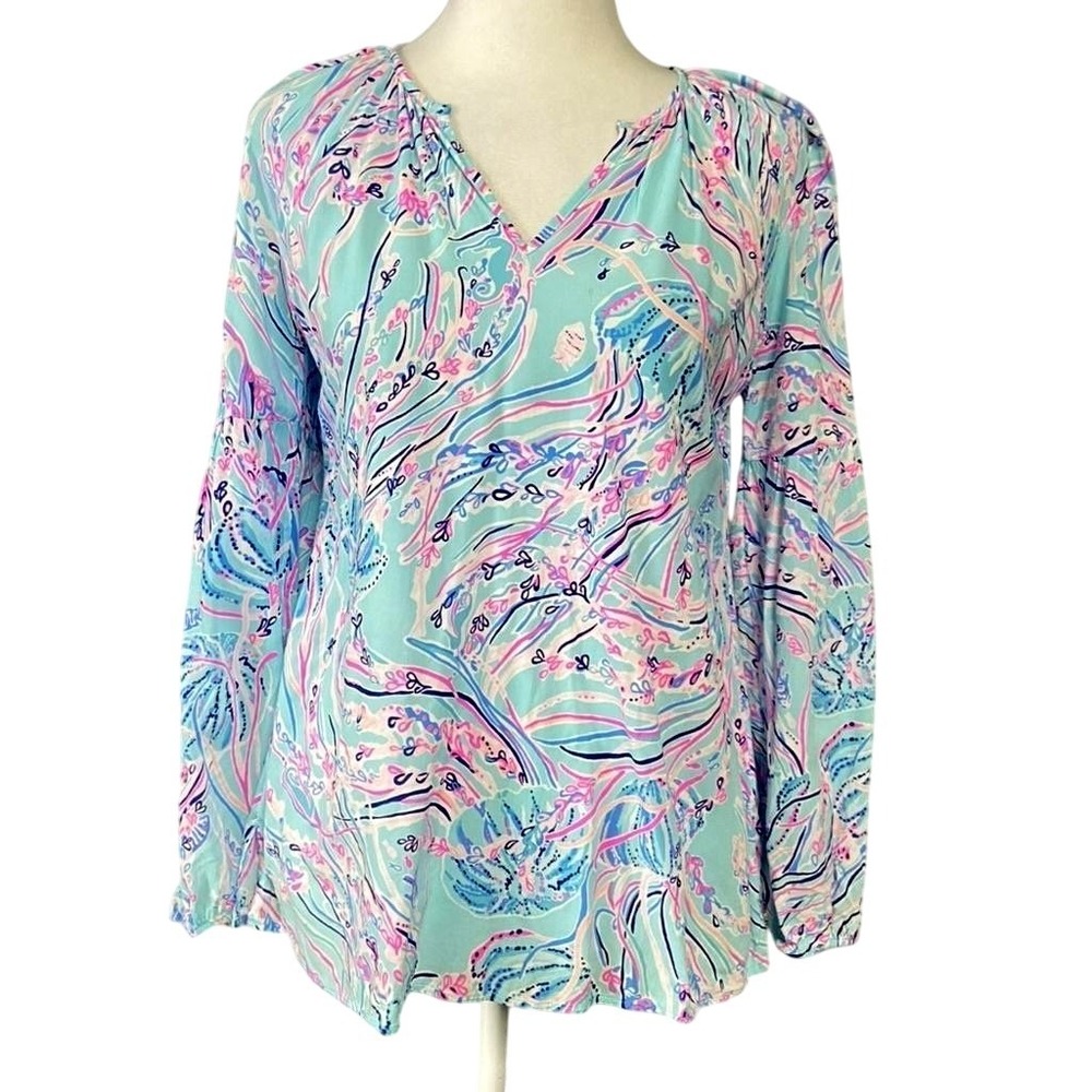 Lilly Pulitzer Blouse Womens XXS Multicolor Floral Rayon V Neck Long Sleeve Top